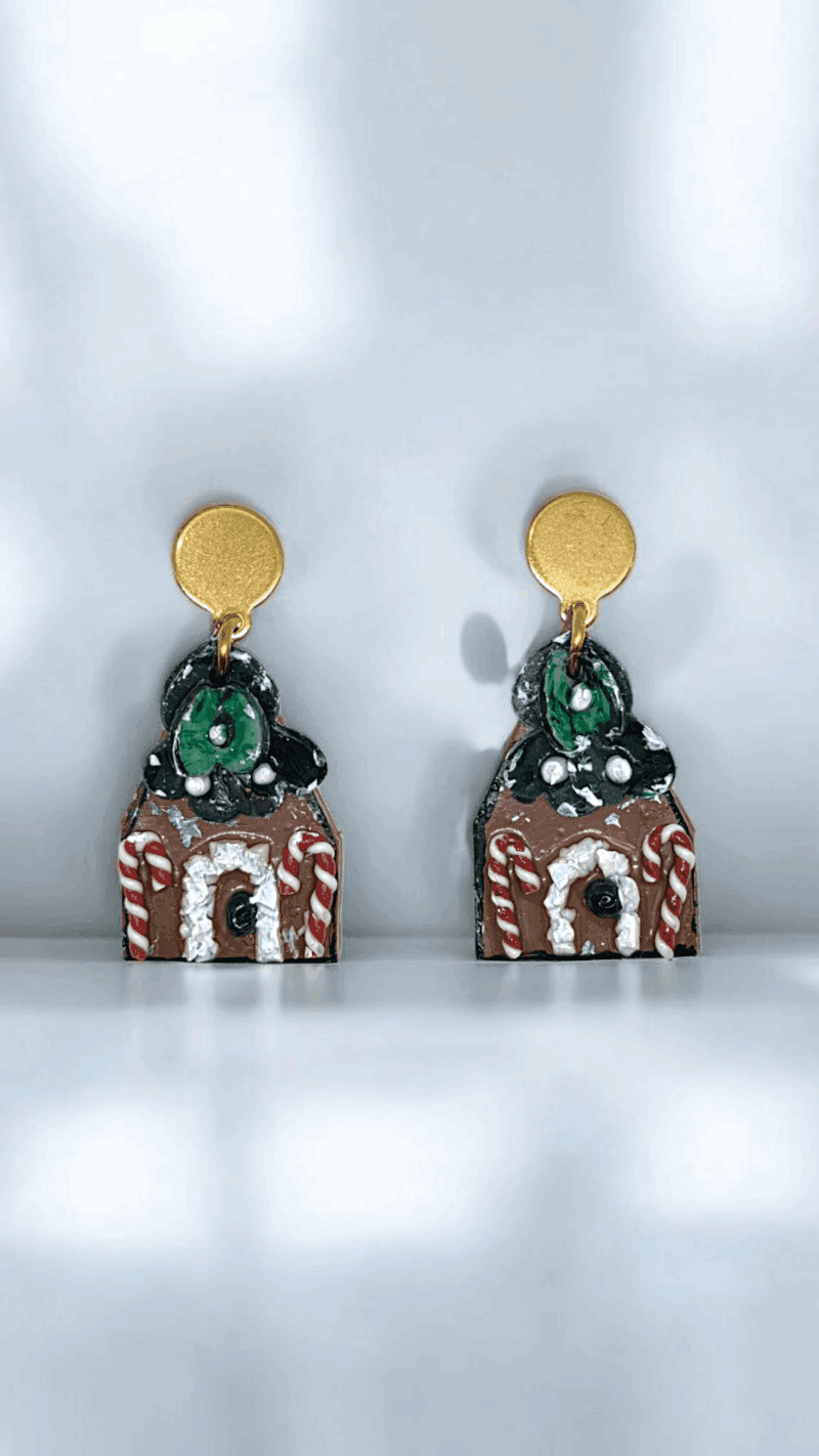 Καρφωτά σκουλαρίκια “Χριστουγεννιάτικα σπιτάκια” από πολυμερικό πηλό