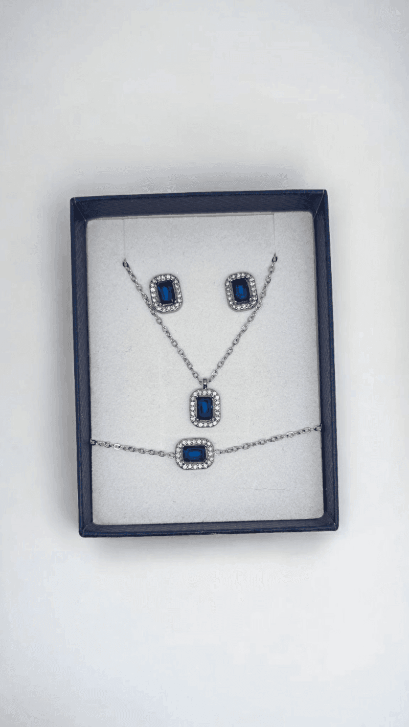 Ατσάλινο μπλε σετ κοσμημάτων – κολιέ, σκουλαρίκια & βραχιόλι με ορθογώνια ροζέτα