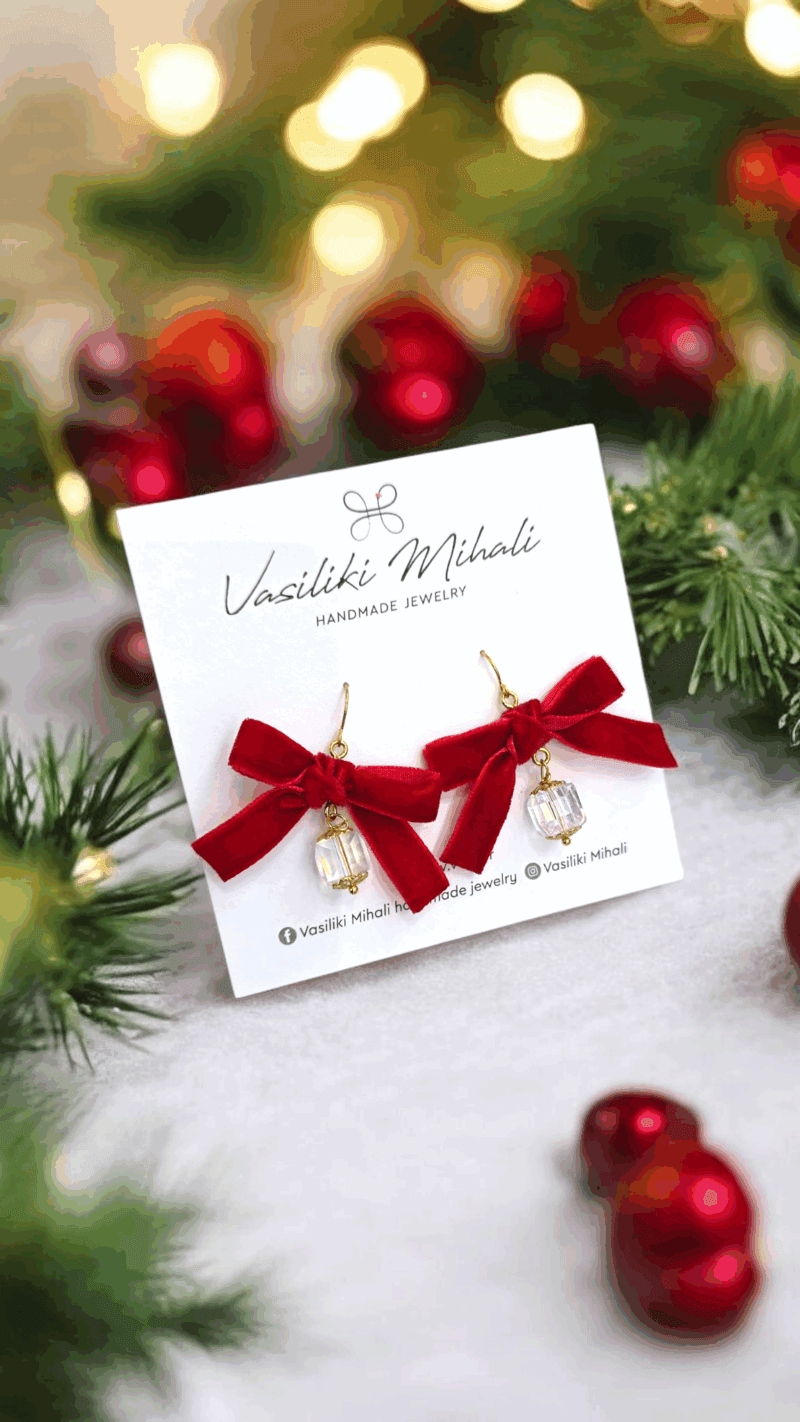 Κρεμαστά σκουλαρίκια φιόγκος κόκκινος με κρυσταλάκι & χρυσούς ατσάλινους γάντζους