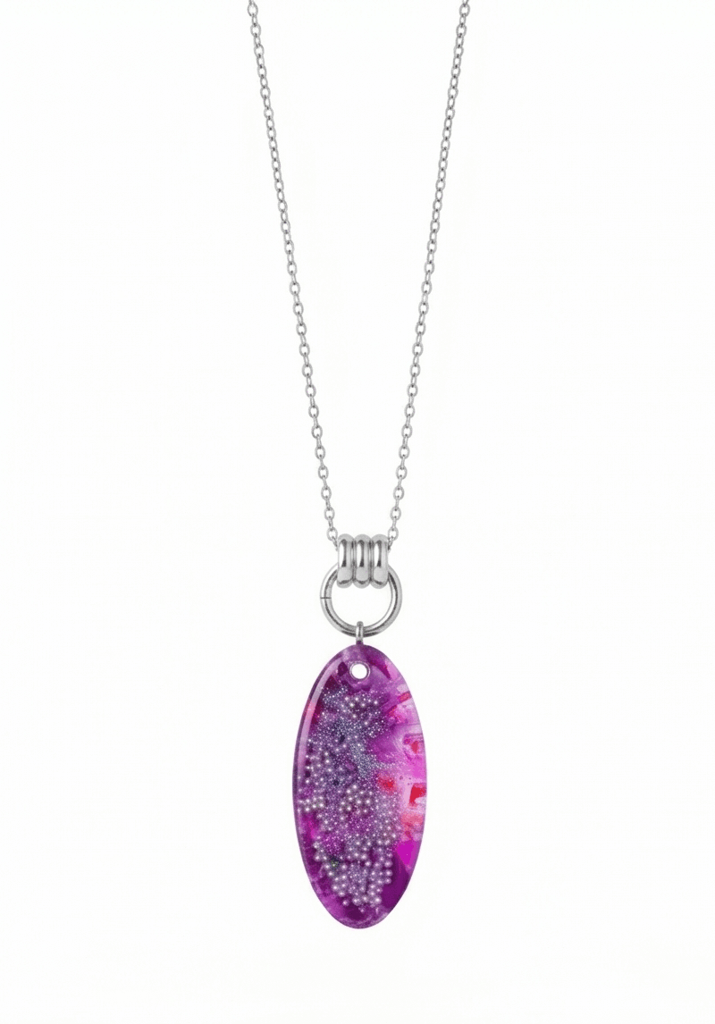 Χειροποίητο Οβάλ Μενταγιόν "Purple Sparkle" από Υγρό Γυαλί & Ατσάλινη Αλυσίδα - Vasiliki Mihali Jewelry