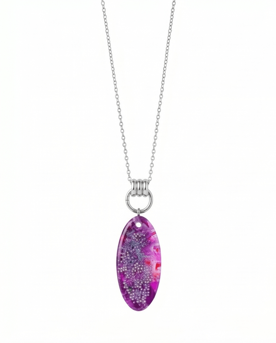 Χειροποίητο Οβάλ Μενταγιόν "Purple Sparkle" από Υγρό Γυαλί & Ατσάλινη Αλυσίδα - Vasiliki Mihali Jewelry