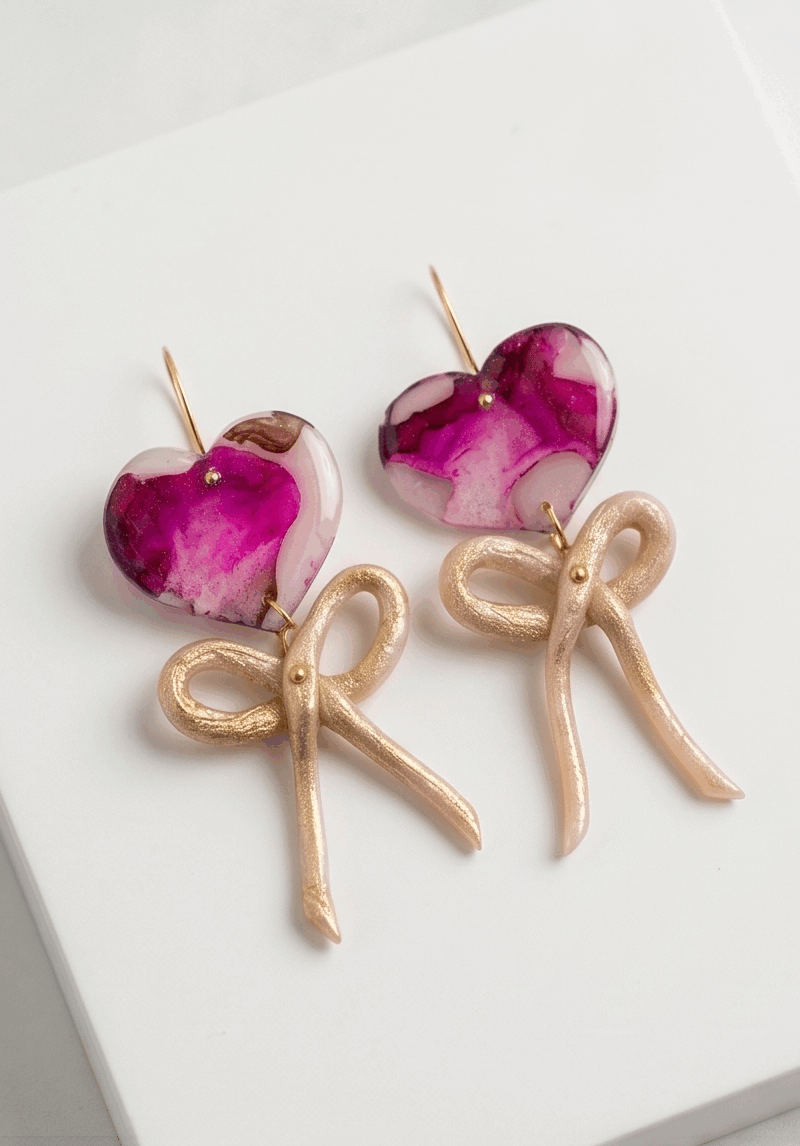 χειροποίητα σκουλαρίκια, σκουλαρίκια καρδιά, σκουλαρίκια φιόγκος, φούξια σκουλαρίκια, υγρό γυαλί κοσμήματα, statement σκουλαρίκια, χρυσά σκουλαρίκια, Vasiliki Mihali Jewelry, coquette jewelry, δώρα για ερωτευμένους