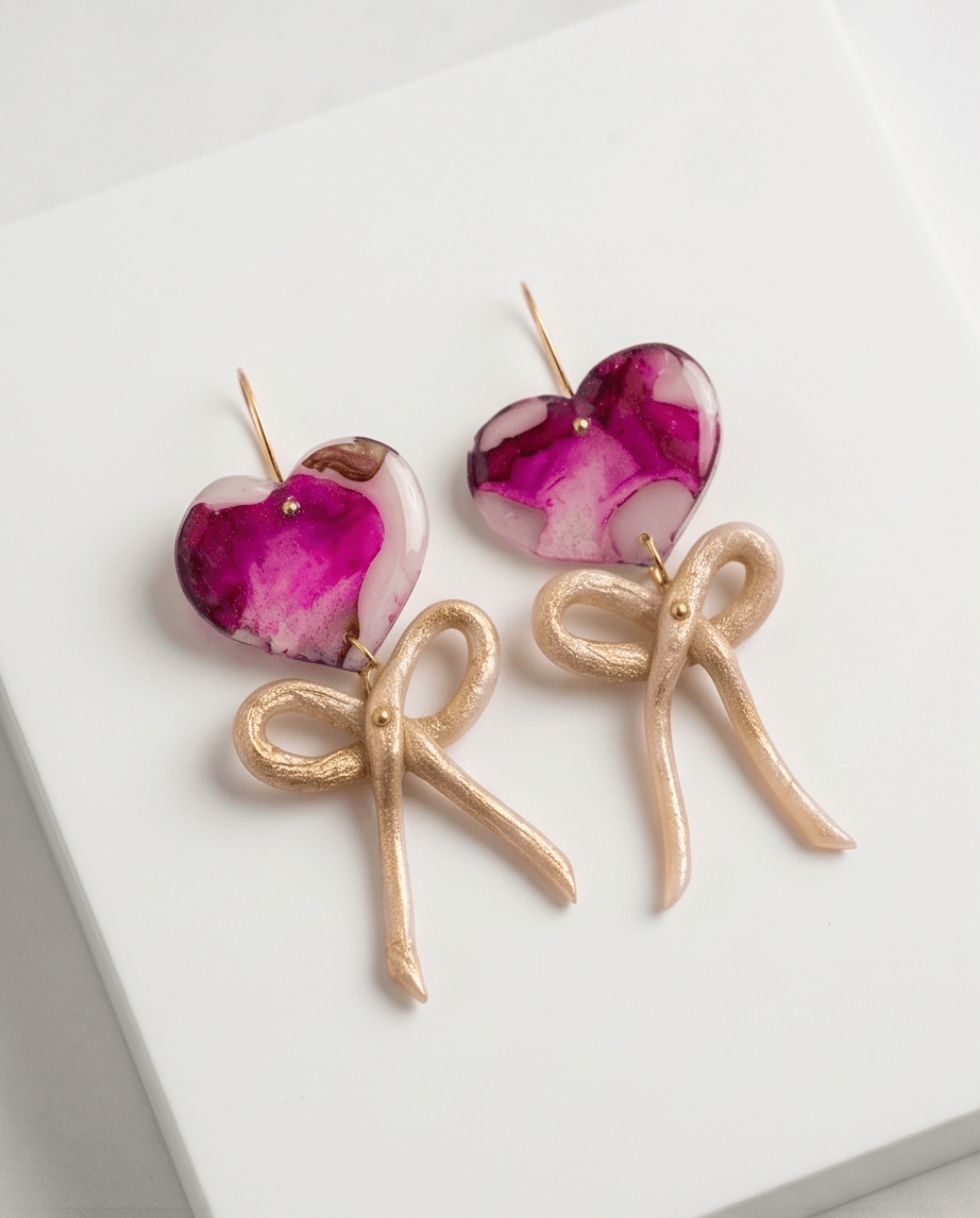 χειροποίητα σκουλαρίκια, σκουλαρίκια καρδιά, σκουλαρίκια φιόγκος, φούξια σκουλαρίκια, υγρό γυαλί κοσμήματα, statement σκουλαρίκια, χρυσά σκουλαρίκια, Vasiliki Mihali Jewelry, coquette jewelry, δώρα για ερωτευμένους