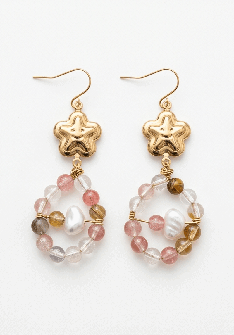 Χειροποίητα Σκουλαρίκια "Sea Star" με Χρυσό Αστερία, Ημιπολύτιμες Πέτρες & Πέρλα - Vasiliki Mihali Jewelry