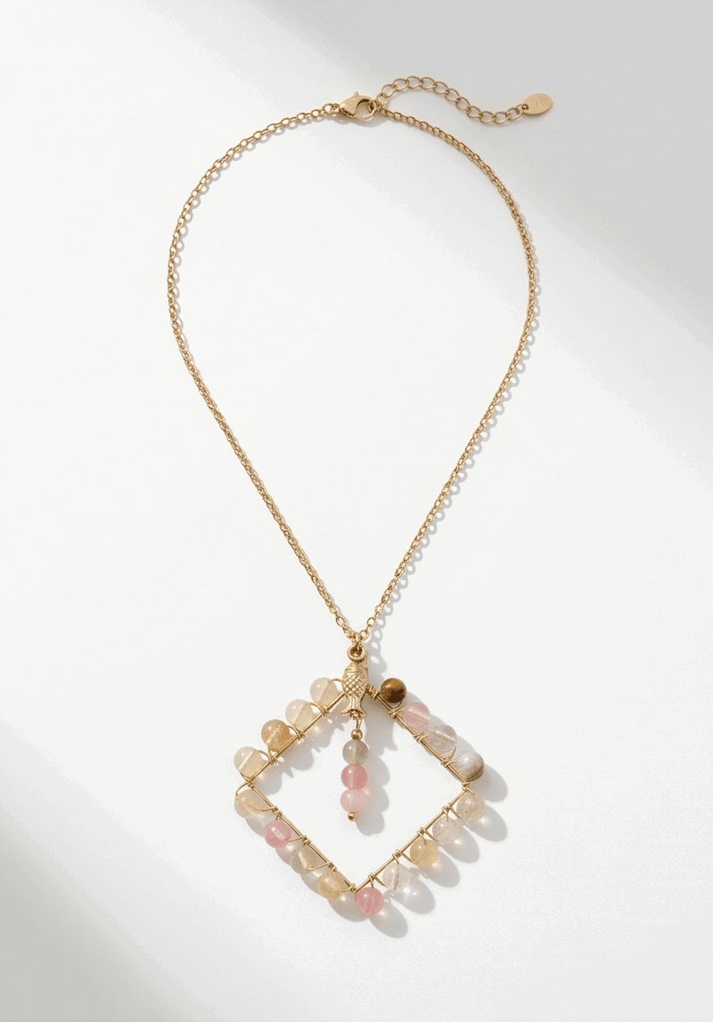 Χειροποίητο Ατσάλινο Κολιέ Geometric Fish με Ημιπολύτιμες Πέτρες και Χρυσό Ψαράκι Vasiliki Mihali Jewelry