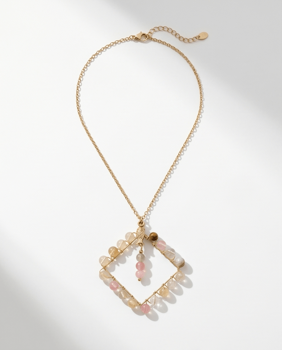 Χειροποίητο Ατσάλινο Κολιέ Geometric Fish με Ημιπολύτιμες Πέτρες και Χρυσό Ψαράκι Vasiliki Mihali Jewelry