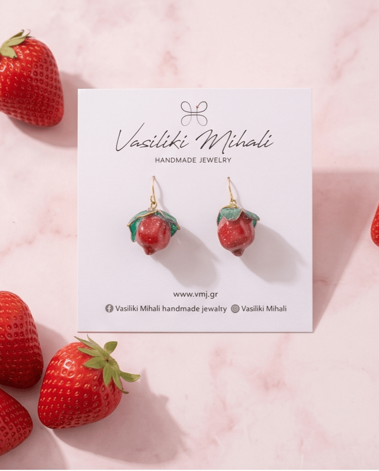 Χειροποίητα Σκουλαρίκια "Strawberry Red" με Ημιπολύτιμο Αχάτη & Χρυσό Ατσάλι - Vasiliki Mihali Jewelry