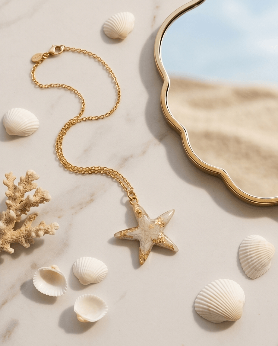 Χειροποίητο Ατσάλινο Κολιέ "Golden Starfish" με Αστερία από Υγρό Γυαλί - Vasiliki Mihali Jewelry - Image 4