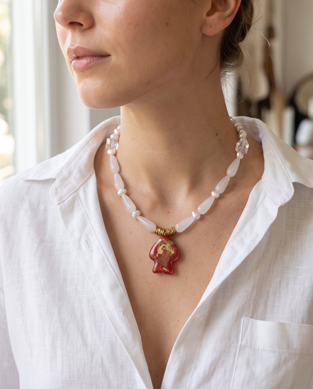 Χειροποίητο Κολιέ "Scarlet Fish & White Baroque Pearls" με Κεραμικό Ψάρι και Μαργαριτάρια - vasiliki Mihali jewelry - Image 3