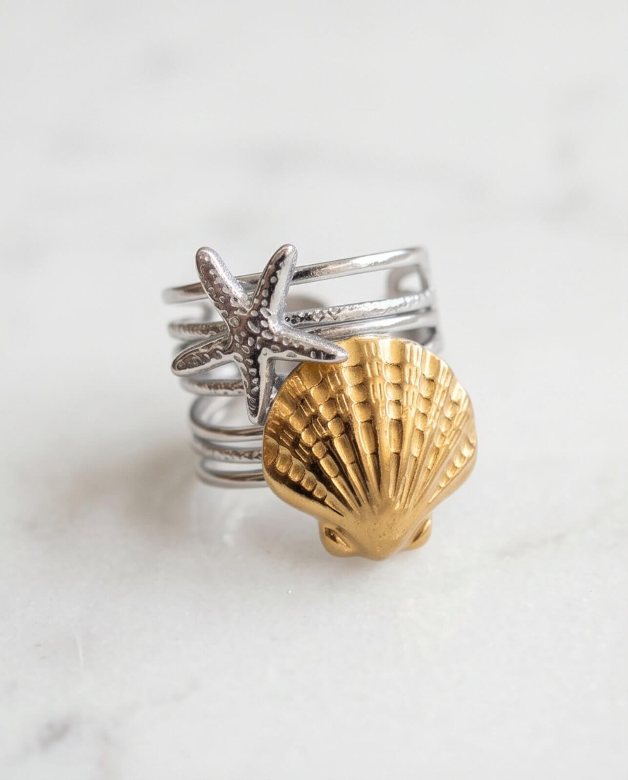 Χειροποίητο Δαχτυλίδι "Starfish & Golden Shell" από Ανοξείδωτο Ατσάλι - vasiliki Mihali jewelry