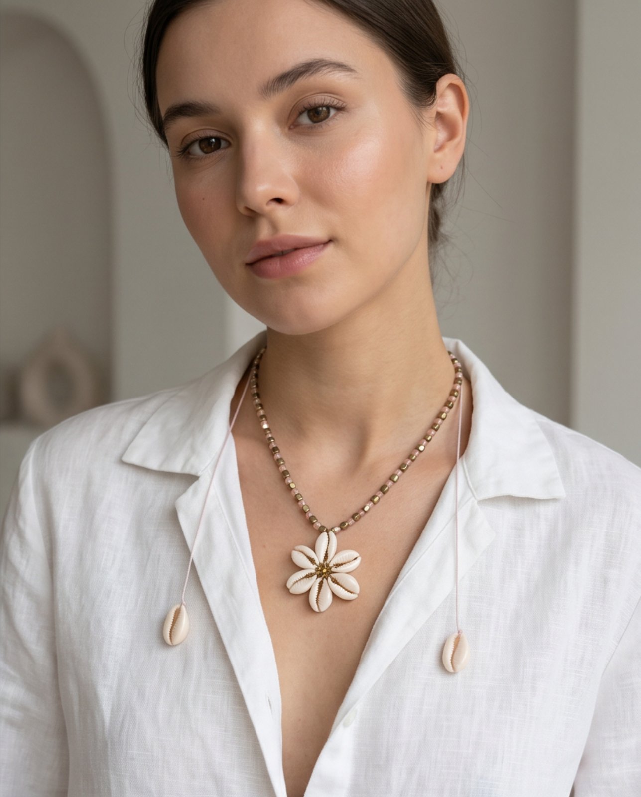 Χειροποίητο Καλοκαιρινό Κολιέ "Shell Flower" με Φυσικά Κοχύλια και Αιματίτη - vasiliki Mihali jewelry - Image 3