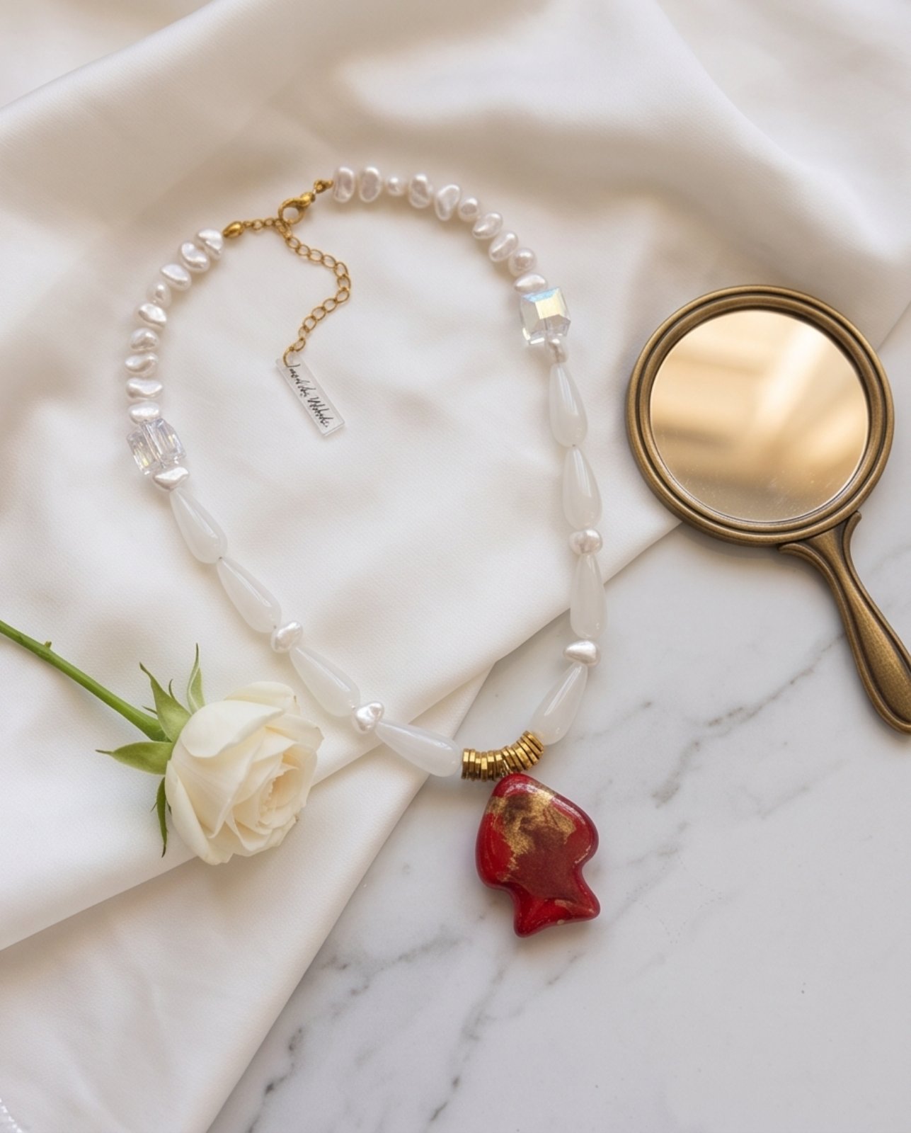 Χειροποίητο Κολιέ "Scarlet Fish & White Baroque Pearls" με Κεραμικό Ψάρι και Μαργαριτάρια - vasiliki Mihali jewelry - Image 2