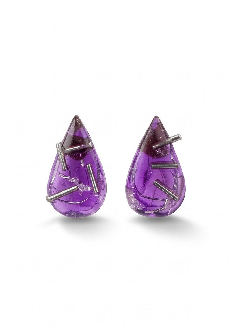 Χειροποίητα Σκουλαρίκια "Geometric Violet Drops" από Υγρό Γυαλί και Ανοξείδωτο Ατσάλι - vasiliki Mihali jewelry