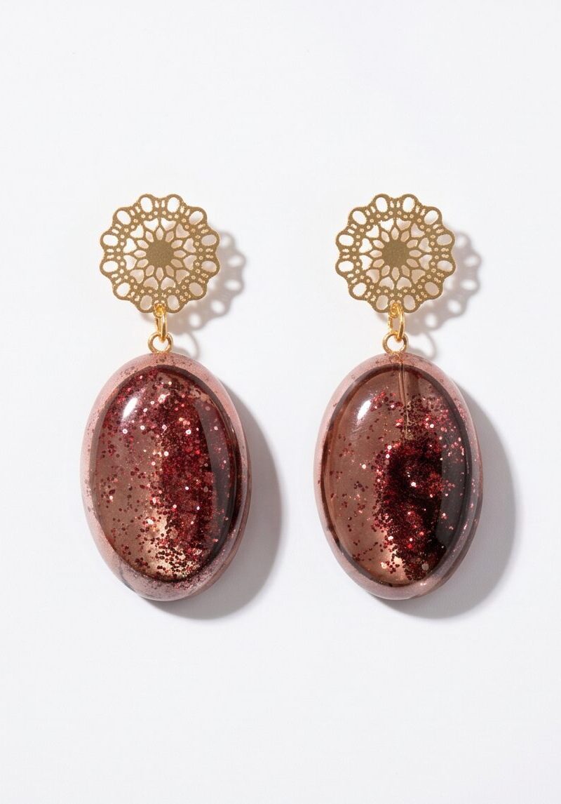 Χειροποίητα Σκουλαρίκια "Burgundy Lace Drops" από Υγρό Γυαλί και Επιχρυσωμένο Ατσάλι - vasiliki Mihali jewelry