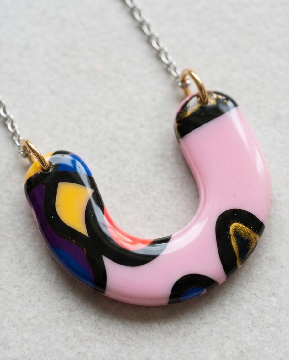 Χειροποίητο Κολιέ "Abstract Pink Horseshoe" από Ανοξείδωτο Ατσάλι και Υγρό Γυαλί - vasiliki Mihali jewelry - Image 4
