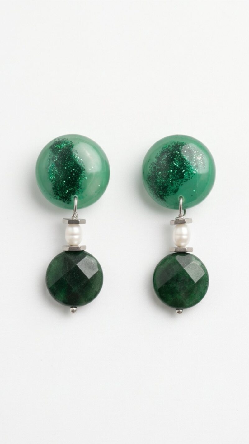 Χειροποίητα Σκουλαρίκια "Emerald Shimmer Drops" από Υγρό Γυαλί, Ανοξείδωτο Ατσάλι, Αβεντουρίνη και Μαργαριτάρια - vasiliki Mihali jewelry