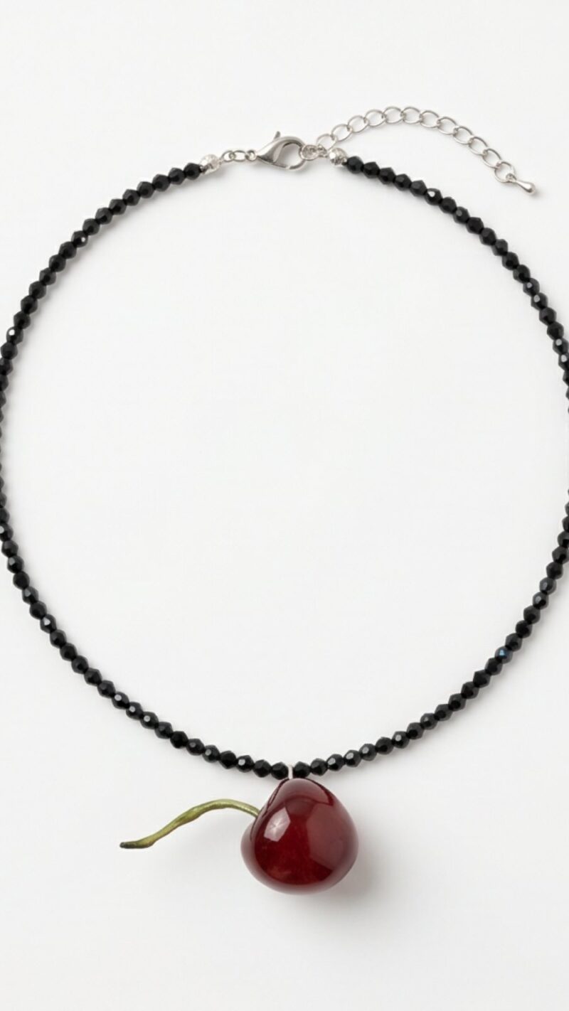 Χειροποίητο Κολιέ "Dark Cherry Sculpted Core" με Μαύρους Κρυστάλλους, Αιματίτη και 3D Κεράσι - vasiliki Mihali jewelry