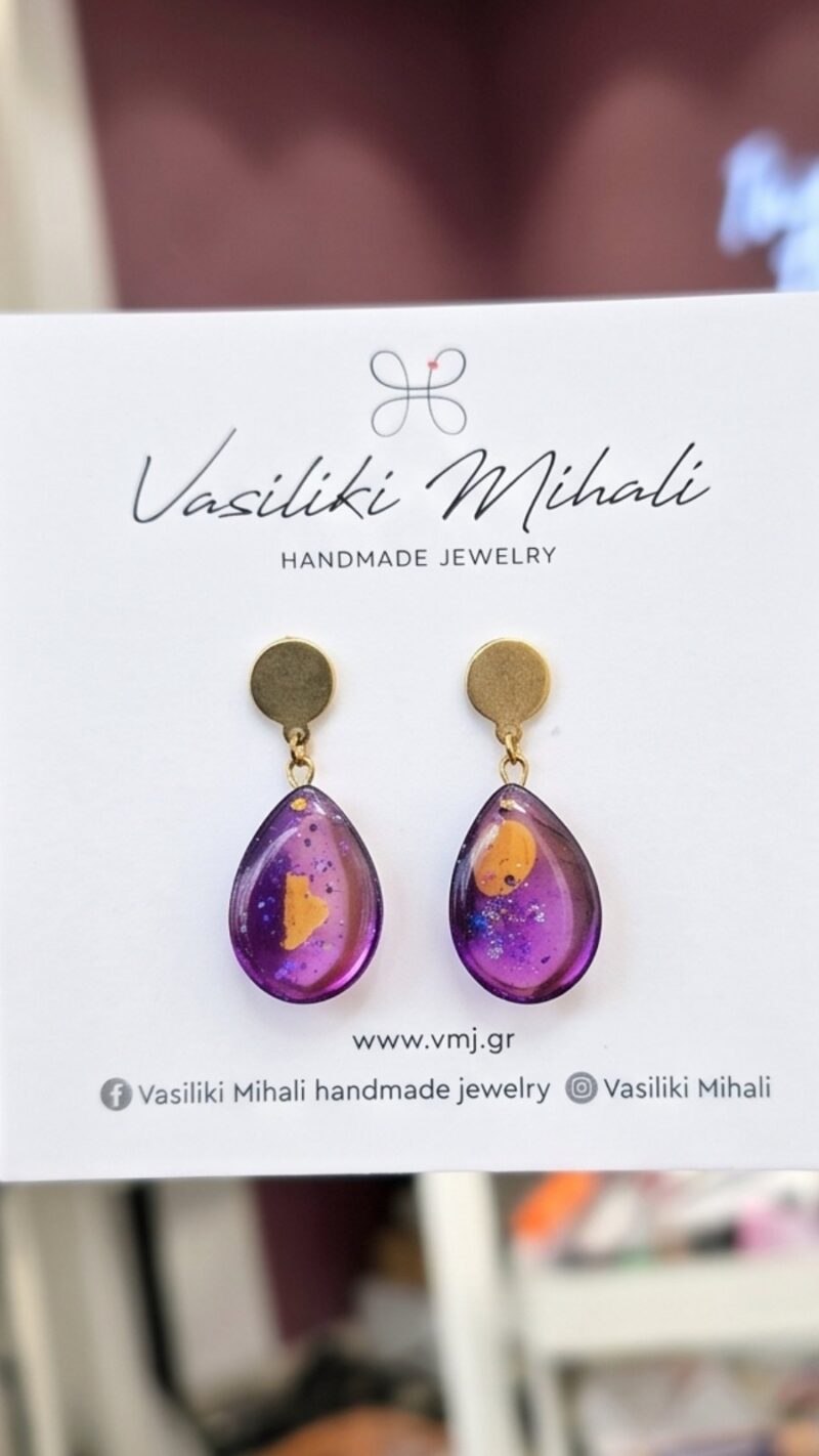 Χειροποίητα Σκουλαρίκια "Violet Galaxy Drops" από Υγρό Γυαλί και Επιχρυσωμένο Ατσάλι - vasiliki Mihali jewelry