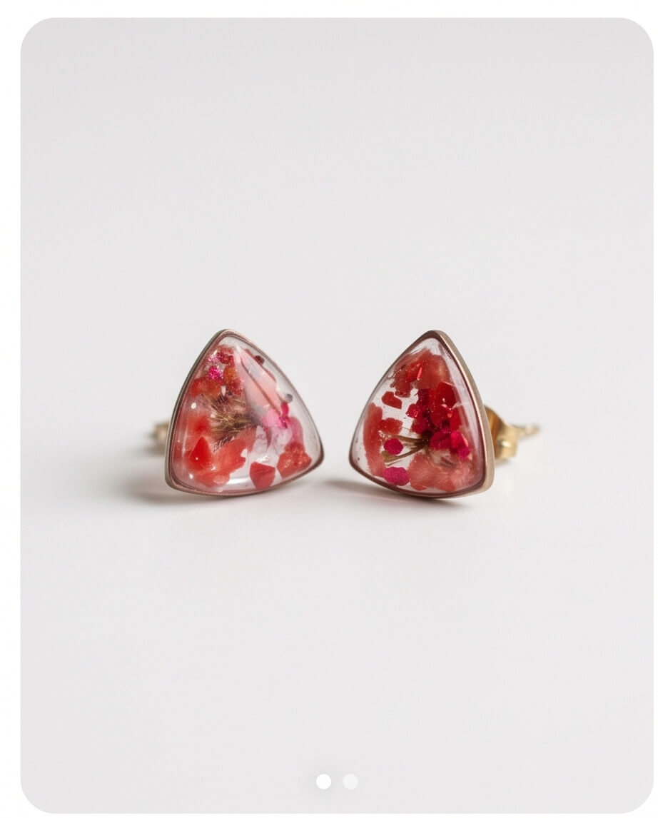 Χειροποίητα Σκουλαρίκια "Rose Petal Triangles" από Υγρό Γυαλί και Επιχρυσωμένο Ατσάλι - vasiliki Mihali jewelry
