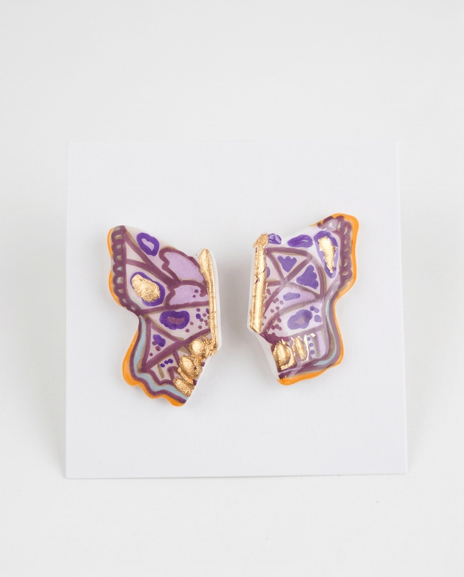 Χειροποίητα Σκουλαρίκια "Gilded Lavender Wings" από Πολυμερικό Πηλό, Φύλλα Χρυσού και Ανοξείδωτο Ατσάλι - vasiliki Mihali jewelry