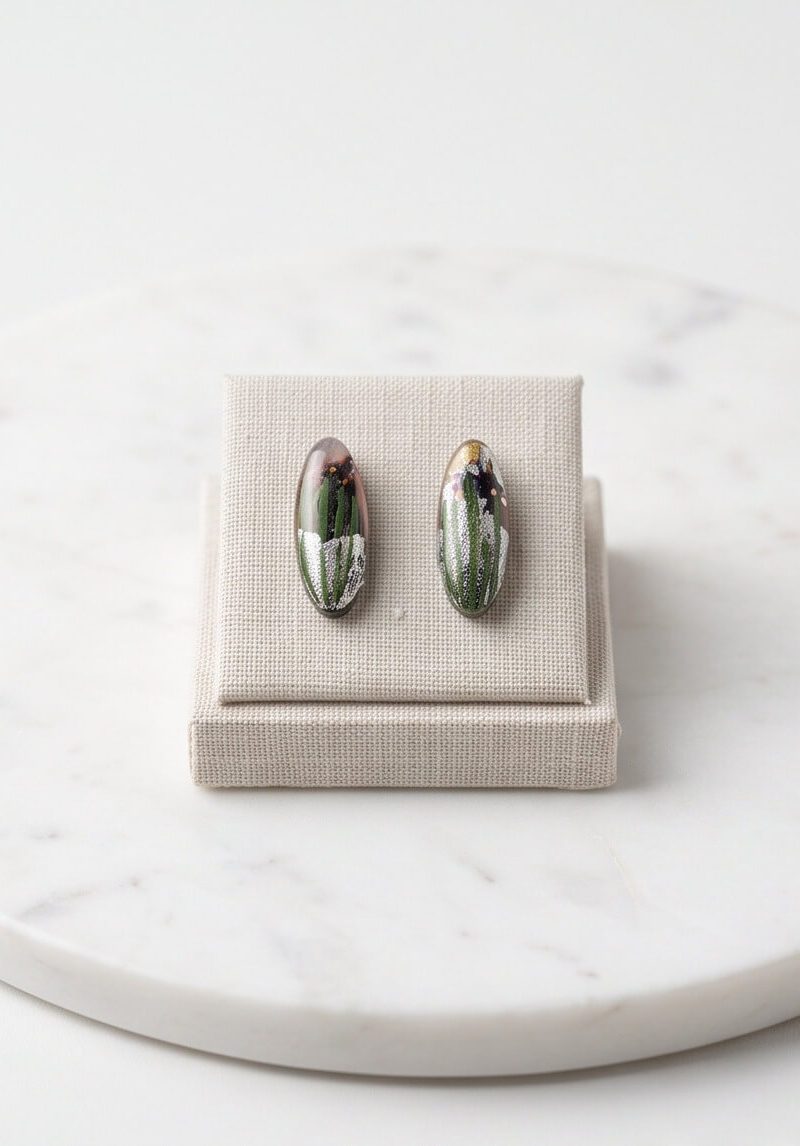 Χειροποίητα Σκουλαρίκια "Botanical Oval Cabochons" από Υγρό Γυαλί και Ανοξείδωτο Ατσάλι - vasiliki Mihali jewelry
