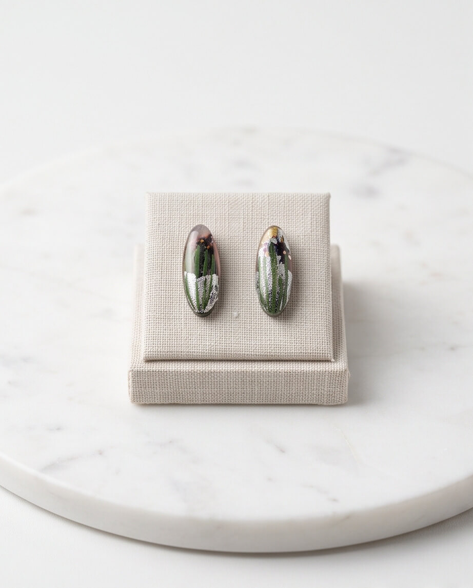 Χειροποίητα Σκουλαρίκια "Botanical Oval Cabochons" από Υγρό Γυαλί και Ανοξείδωτο Ατσάλι - vasiliki Mihali jewelry