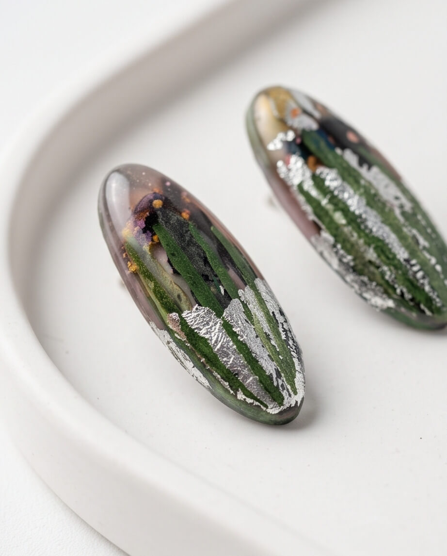 Χειροποίητα Σκουλαρίκια "Botanical Oval Cabochons" από Υγρό Γυαλί και Ανοξείδωτο Ατσάλι - vasiliki Mihali jewelry - Image 2