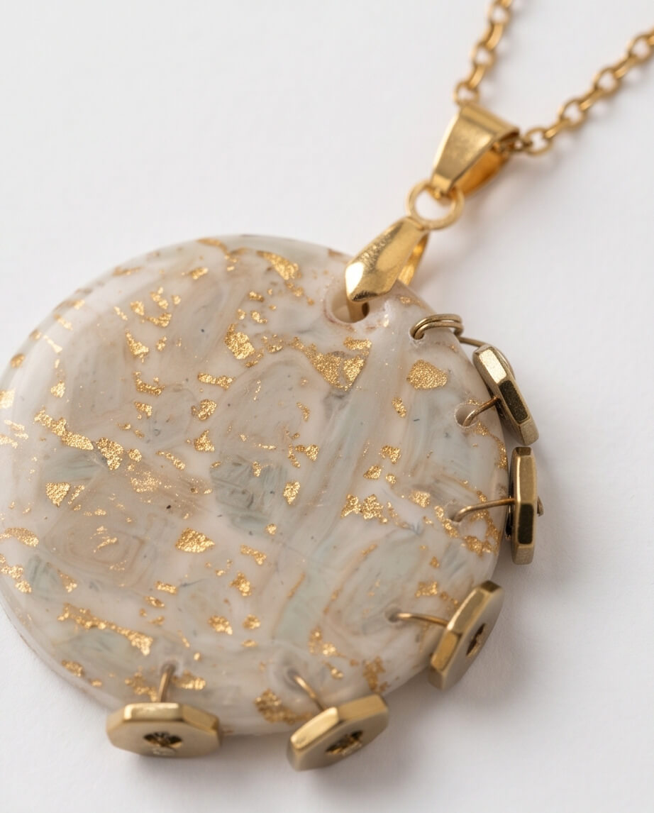 Χειροποίητο Μακρύ Κολιέ "Marble Sun Disc" από Πολυμερικό Πηλό, Φύλλα Χρυσού και Επιχρυσωμένο Ατσάλι - vasiliki Mihali jewelry - Image 2