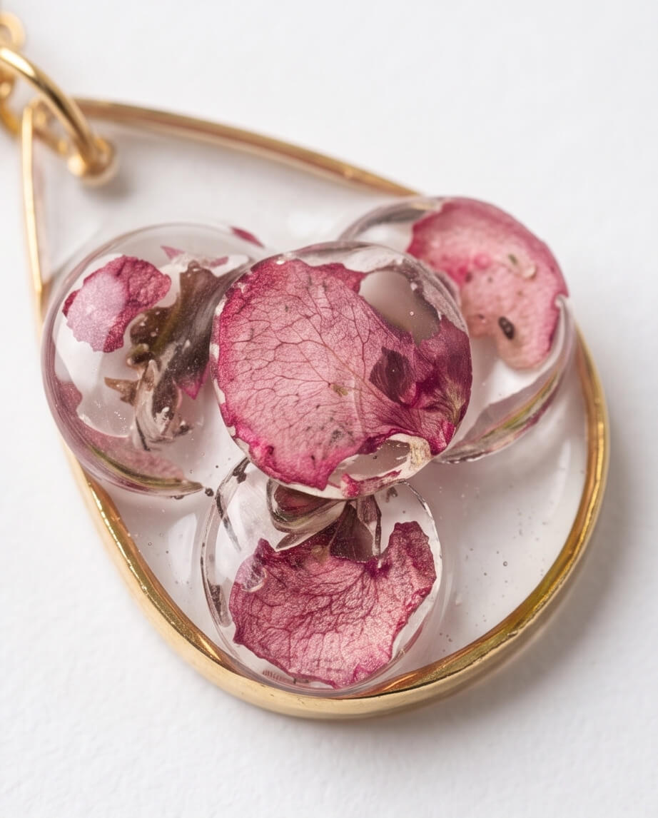 Χειροποίητο Κολιέ "Blushing Petal Teardrop" από Υγρό Γυαλί, Ακρυλικά Χρώματα και Επιχρυσωμένο Ατσάλι - vasiliki Mihali jewelry - Image 2