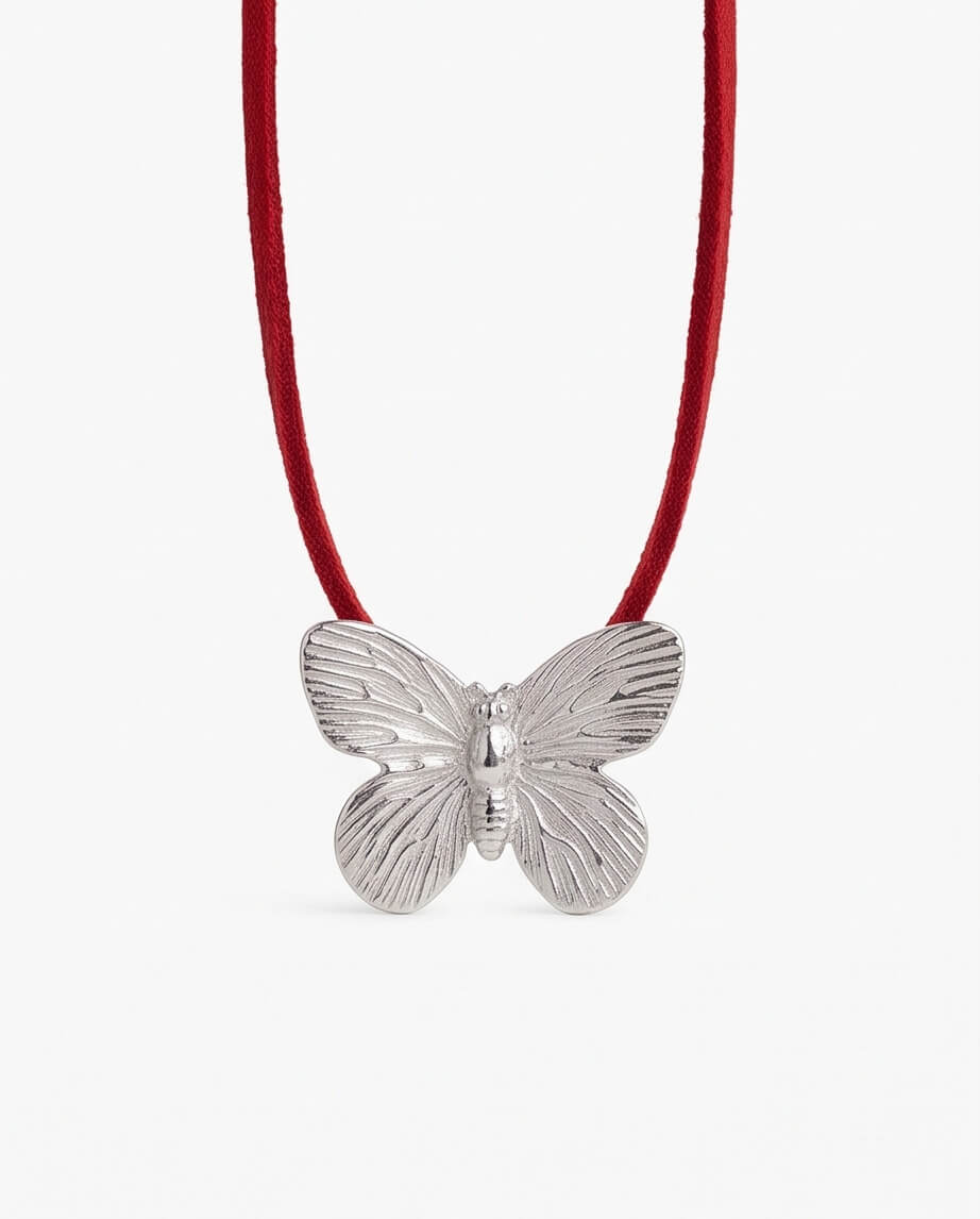 Χειροποίητο Choker "Scarlet Butterfly" από Κόκκινο Πλακέ Κορδόνι Δερματίνης και Ανοξείδωτο Ατσάλι - vasiliki Mihali jewelry