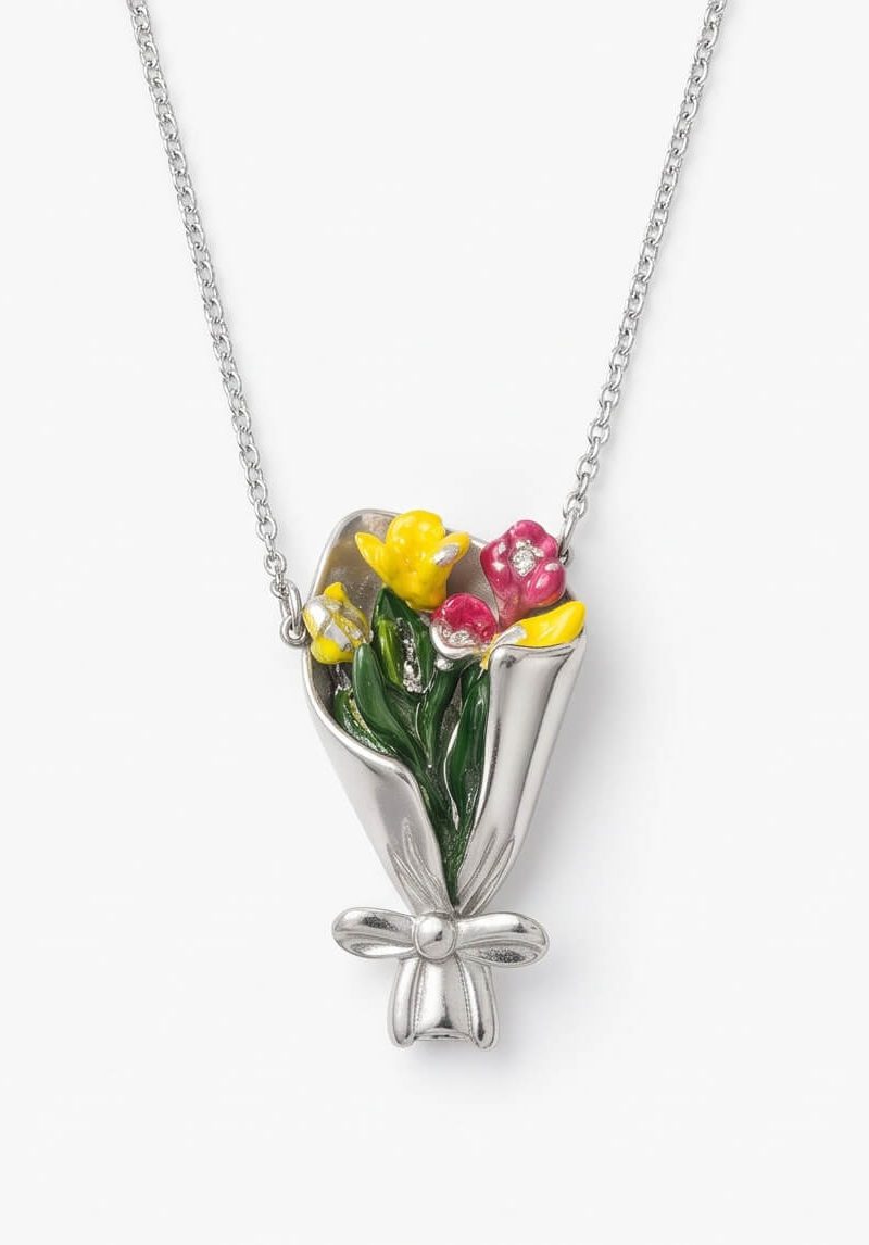 Χειροποίητο Κολιέ "Spring Tulip Bouquet" από Πολυμερικό Πηλό, Υγρό Γυαλί, Μεταλλικά Φύλλα και Ανοξείδωτο Ατσάλι - vasiliki Mihali jewelry