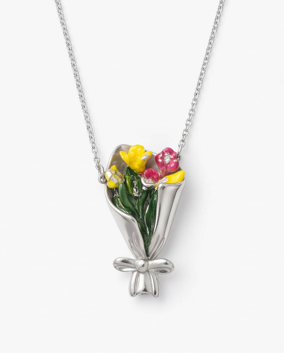 Χειροποίητο Κολιέ "Spring Tulip Bouquet" από Πολυμερικό Πηλό, Υγρό Γυαλί, Μεταλλικά Φύλλα και Ανοξείδωτο Ατσάλι - vasiliki Mihali jewelry