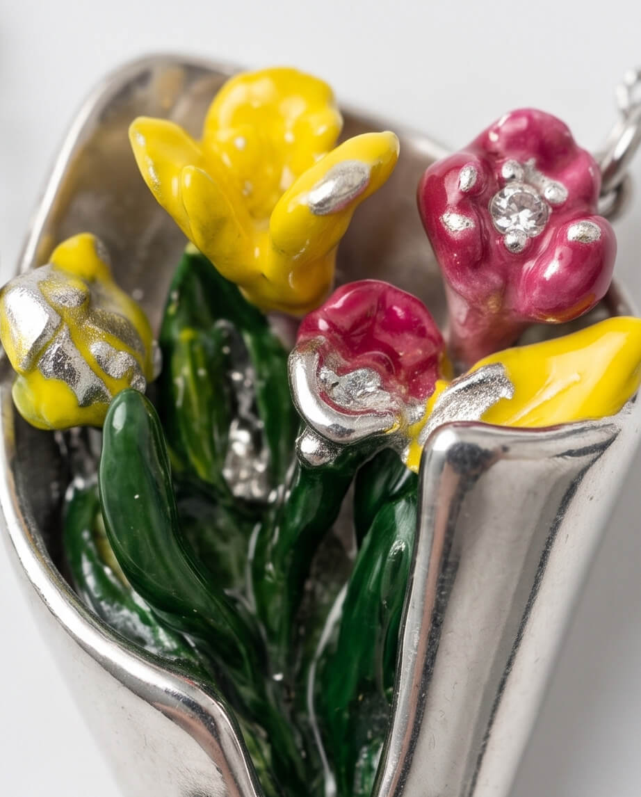 Χειροποίητο Κολιέ "Spring Tulip Bouquet" από Πολυμερικό Πηλό, Υγρό Γυαλί, Μεταλλικά Φύλλα και Ανοξείδωτο Ατσάλι - vasiliki Mihali jewelry - Image 5