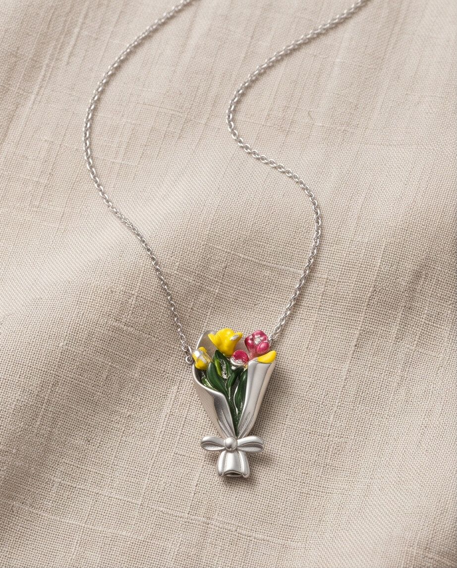 Χειροποίητο Κολιέ "Spring Tulip Bouquet" από Πολυμερικό Πηλό, Υγρό Γυαλί, Μεταλλικά Φύλλα και Ανοξείδωτο Ατσάλι - vasiliki Mihali jewelry - Image 3