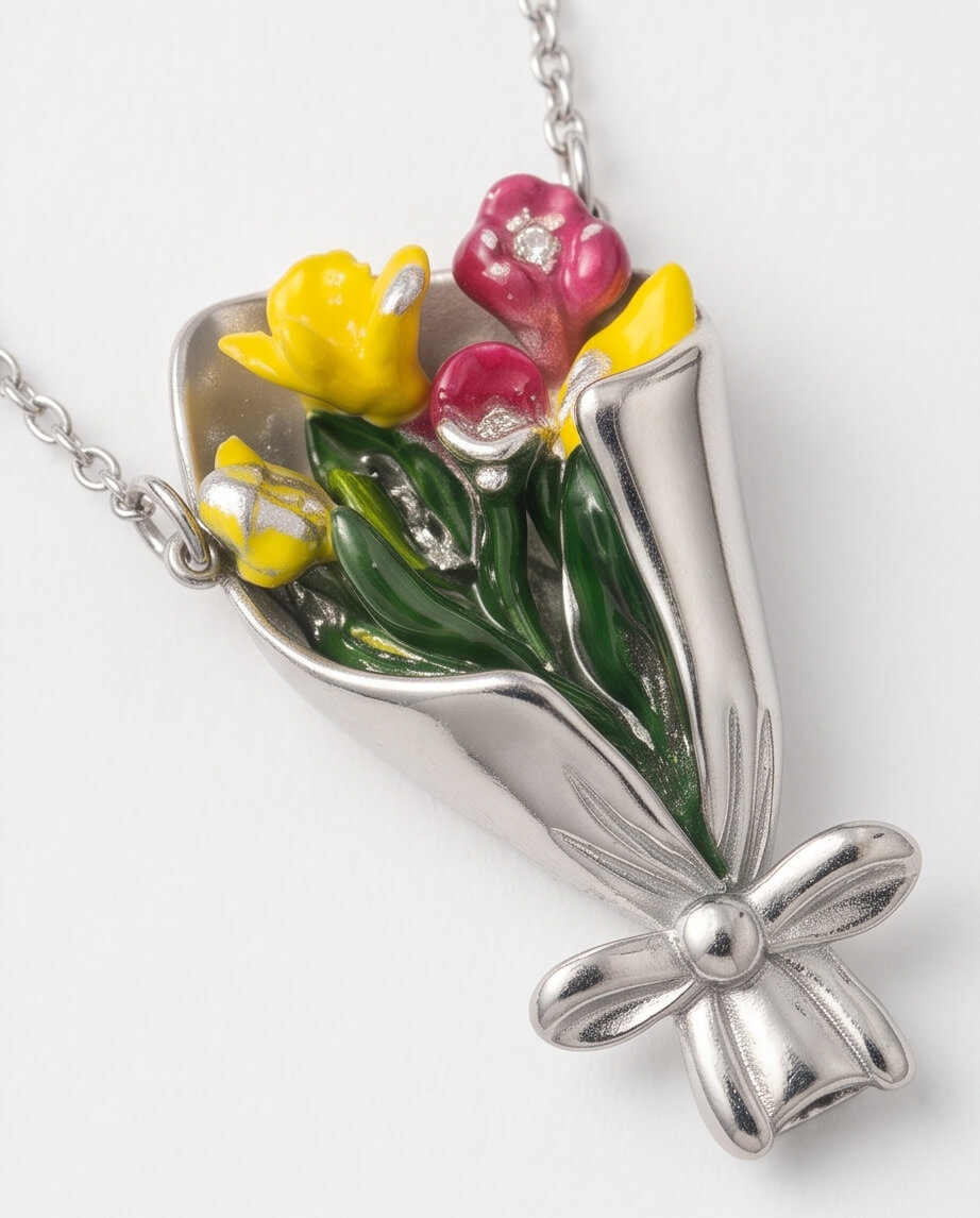 Χειροποίητο Κολιέ "Spring Tulip Bouquet" από Πολυμερικό Πηλό, Υγρό Γυαλί, Μεταλλικά Φύλλα και Ανοξείδωτο Ατσάλι - vasiliki Mihali jewelry - Image 4