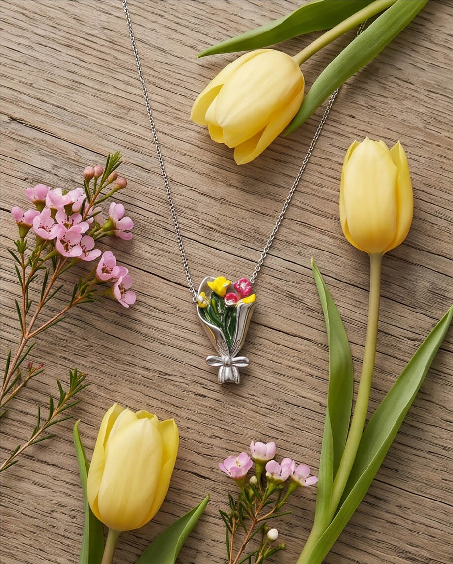 Χειροποίητο Κολιέ "Spring Tulip Bouquet" από Πολυμερικό Πηλό, Υγρό Γυαλί, Μεταλλικά Φύλλα και Ανοξείδωτο Ατσάλι - vasiliki Mihali jewelry - Image 6