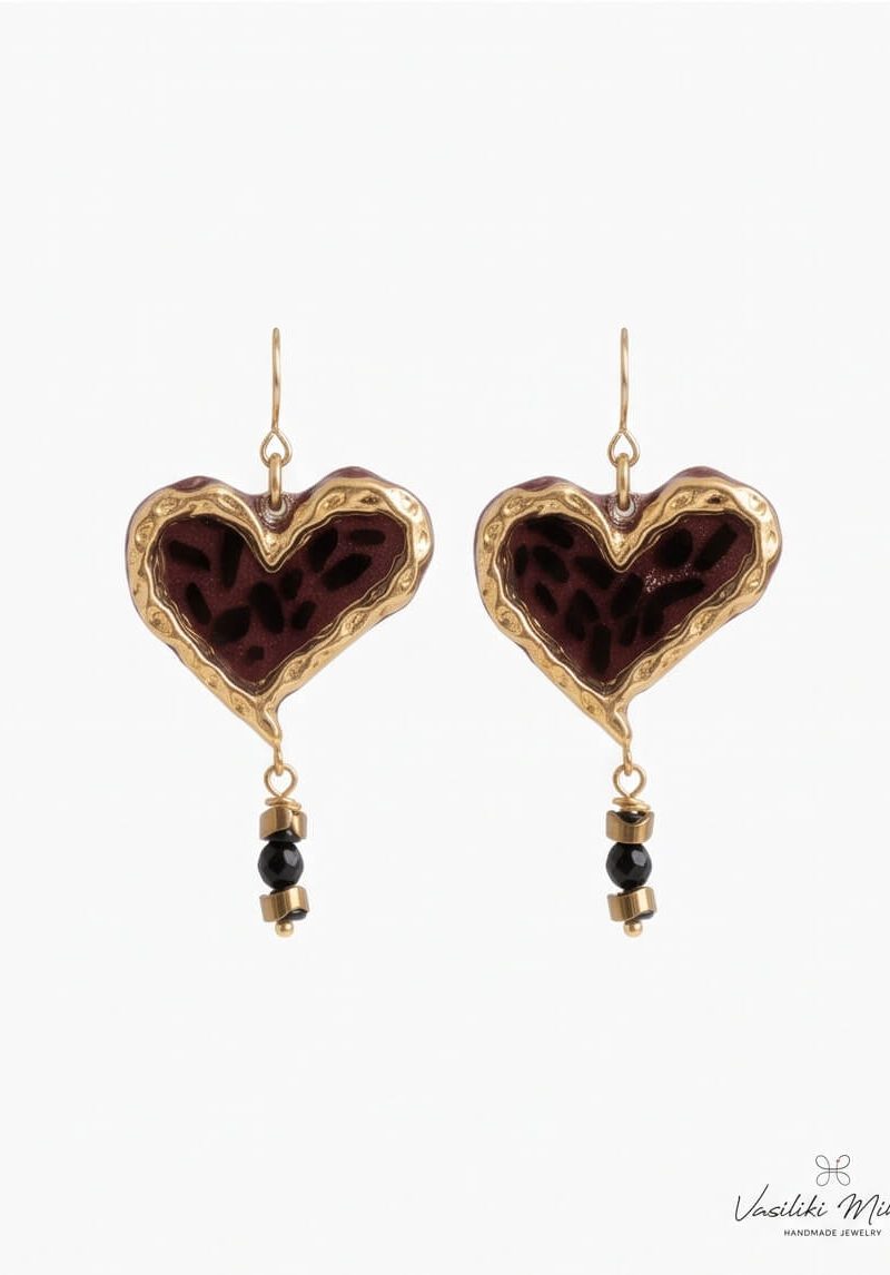Χειροποίητα Σκουλαρίκια "Burgundy Heart Charms" από Πολυμερικό Πηλό, Υγρό Γυαλί και Επιχρυσωμένο Ατσάλι - vasiliki Mihali jewelry