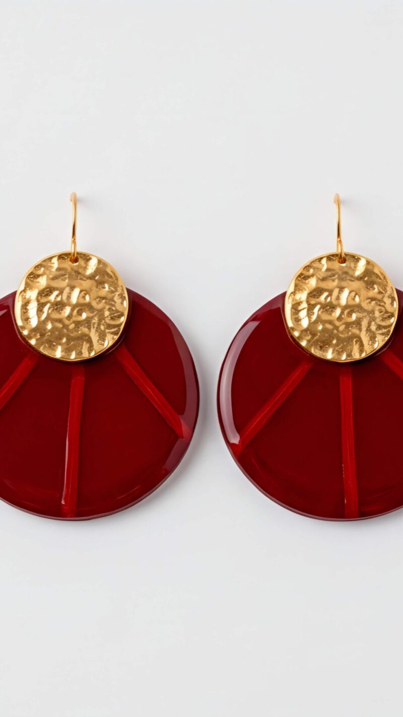 Χειροποίητα Σκουλαρίκια "Burgundy Sunburst Discs" από Πολυμερικό Πηλό, Υγρό Γυαλί και Επιχρυσωμένο Ατσάλι - vasiliki Mihali jewelry