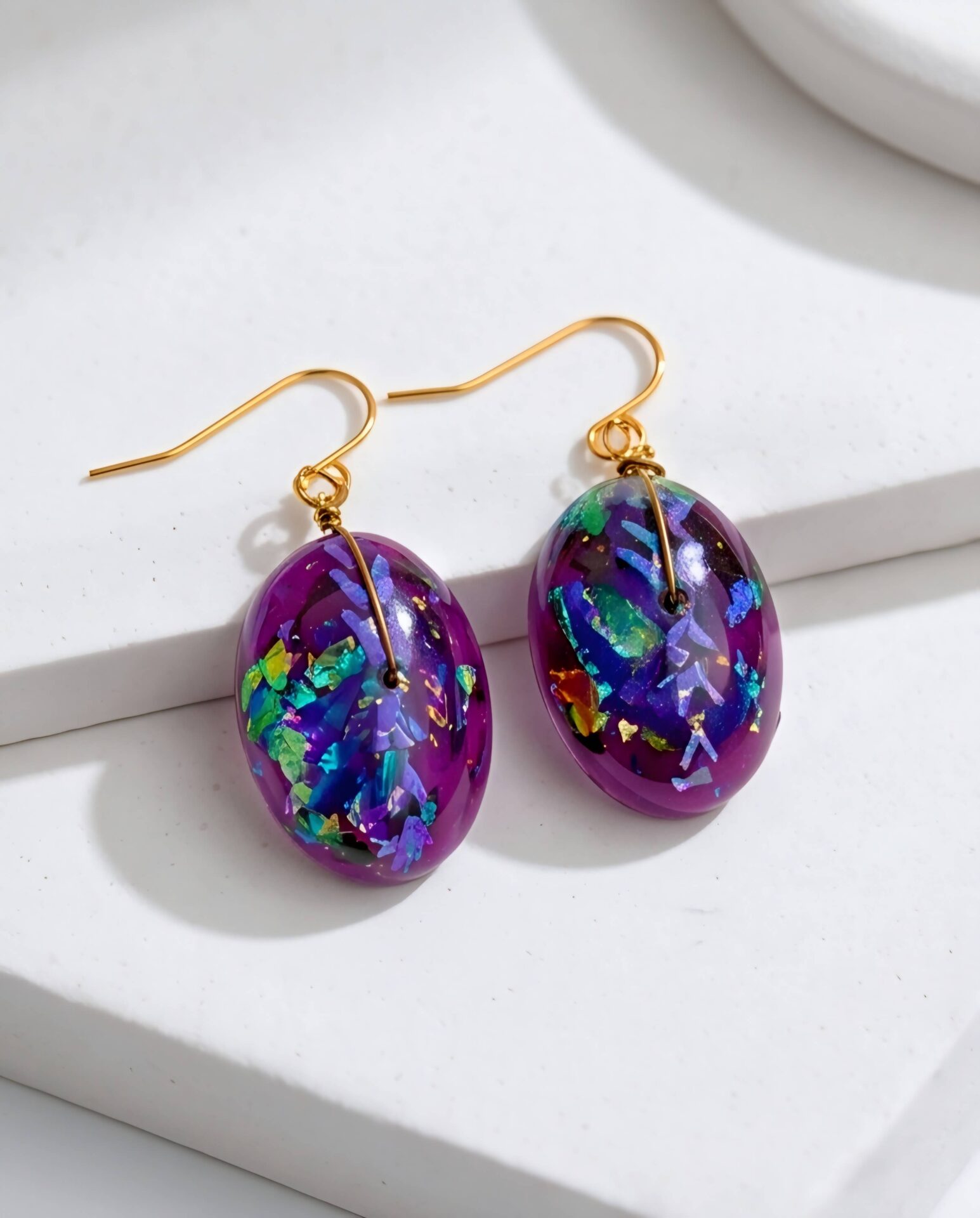 Χειροποίητα Σκουλαρίκια "Galaxy Violet Drops" από Υγρό Γυαλί, Galaxy Flakes και Επιχρυσωμένο Ατσάλι - vasiliki Mihali jewelry