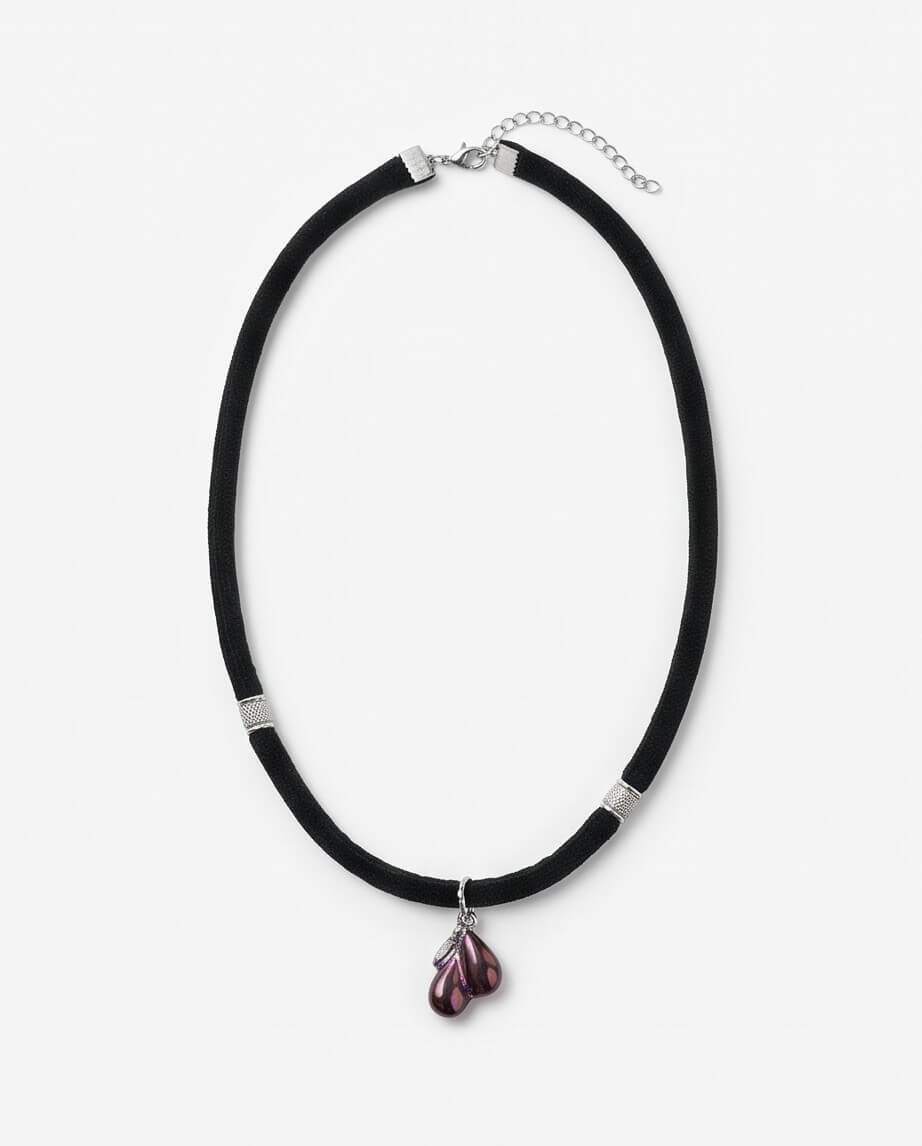 Χειροποίητο Choker "Velvet Plum Heart" από Βελούδινο Κορδόνι, Υγρό Γυαλί και Ανοξείδωτο Ατσάλι - vasiliki Mihali jewelry