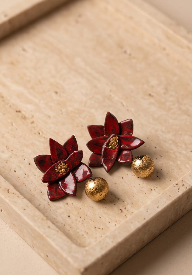 Artisan Σκουλαρίκια Λωτός από Πηλό & Υγρό Γυαλί με Φύλλα Χρυσού (Ατσάλι)