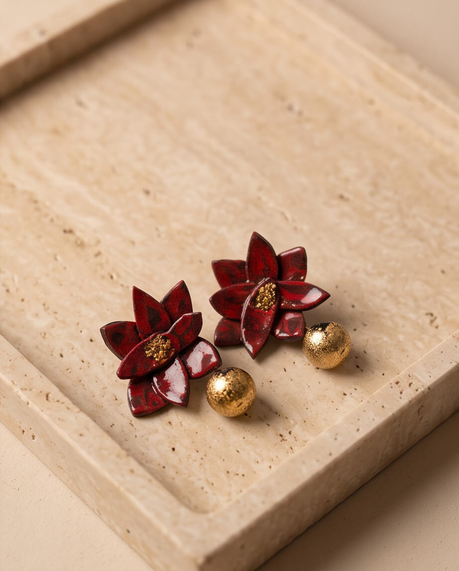 Artisan Σκουλαρίκια Λωτός από Πηλό & Υγρό Γυαλί με Φύλλα Χρυσού (Ατσάλι)